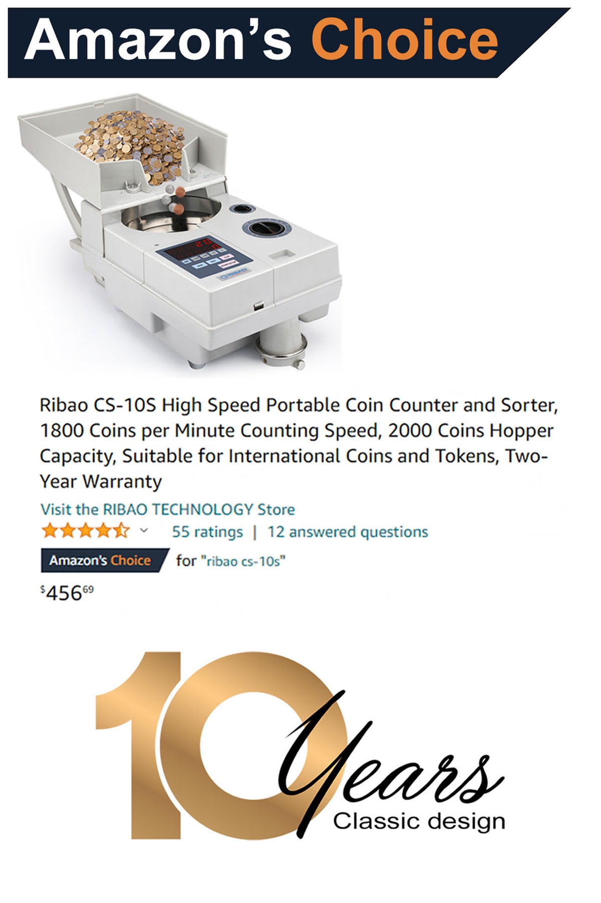  Ribao HCS-3300 High Speed Coin Counter, Heavy Duty Bank Grade  Coin Sorter with Large Hopper, Two-Year Warranty : Office Products