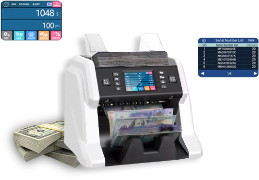money counter with denomination detail list and serial numbers