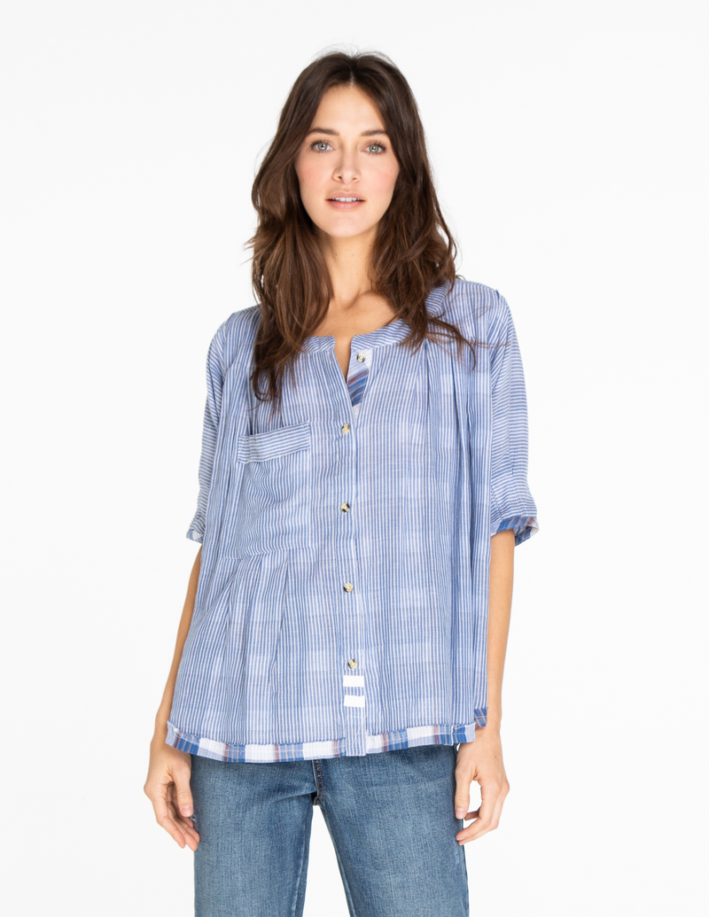 Oversized Button Down Top With Pleats - Blue