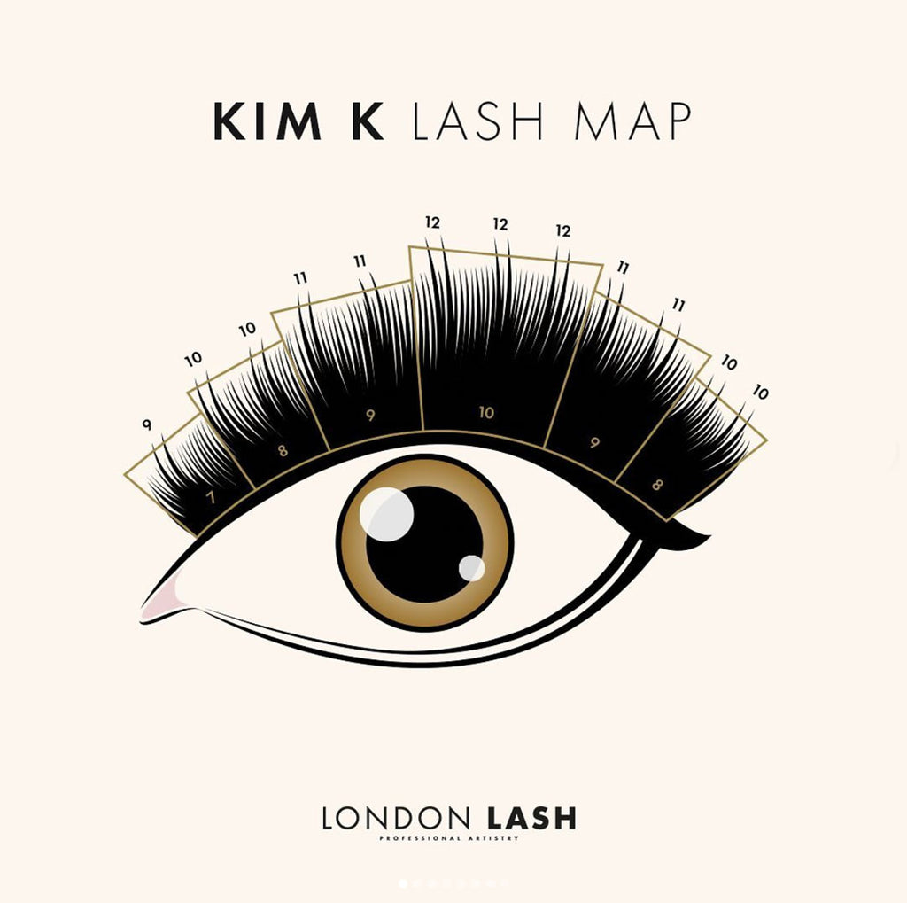 A digitally drawn image of an eye showing a Kim K wispy lash map | London Lash Canada