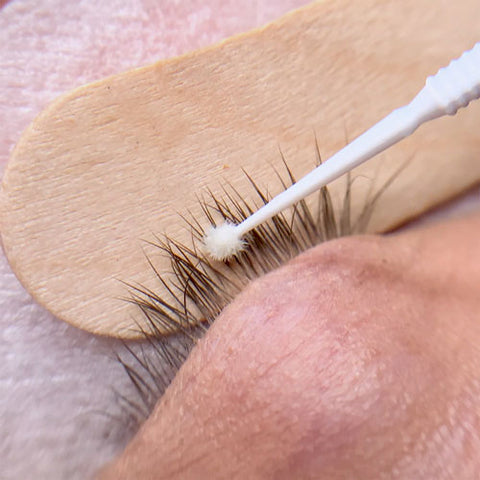 a photo showing a wooden lolly stick with the natural lashes resting on top, a white micro brush is being used to cleanse the lashes