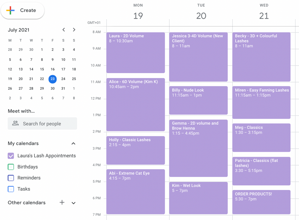 A screenshot of a google calendar with appointments for beauty treatments blocked out