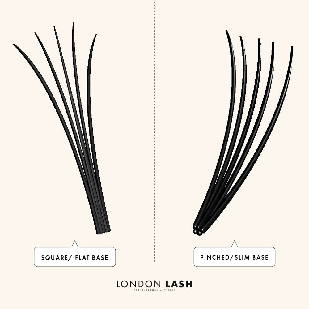 a digitally drawn graphic depicting different types of eyelash extensions fan bases, one is flat with the lashes in a line and the other shows the lashes more stacked together | London Lash Canada