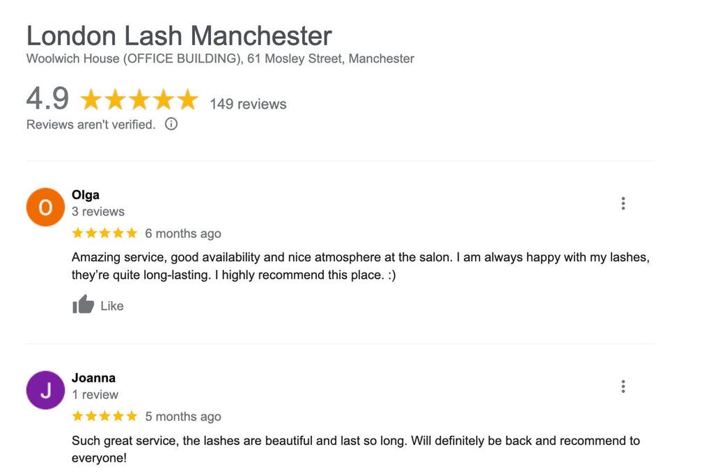 A screenshot of some Google reviews for the London Lash Studio in Manchester UK | London Lash Canada