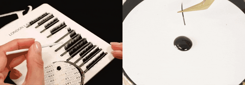 two GIFs side by side showing Primer being added to volume lashes to help create spikes, and a spike being dipped