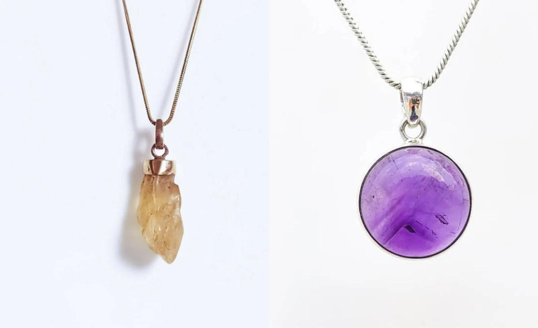 Raw Citrine Crystal Pendant Necklace (Available) and Round Amethyst Crystal Pendant Necklace (Available)