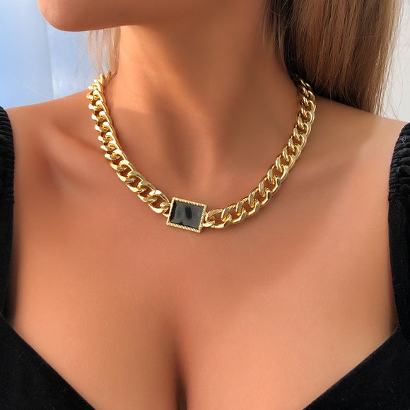 Punk Square Rhinestone Choker Necklace for Women Gold Color Alloy Metal Sweater Chain Party Jewelry Gift Collar