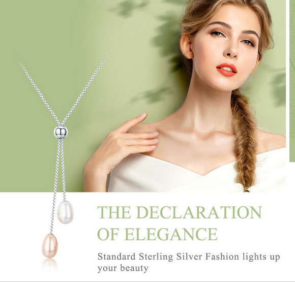 Romantic 925 sterling silver flash freshwater pearl ladies long chain pendant necklace silver jewelry gift