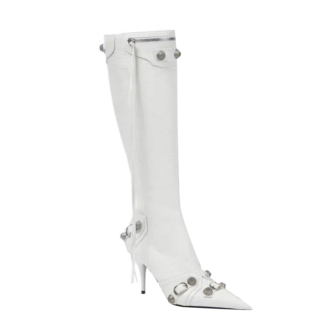 White RETHA Studded And Buckled Leather Knee High Boots | i The Label ...