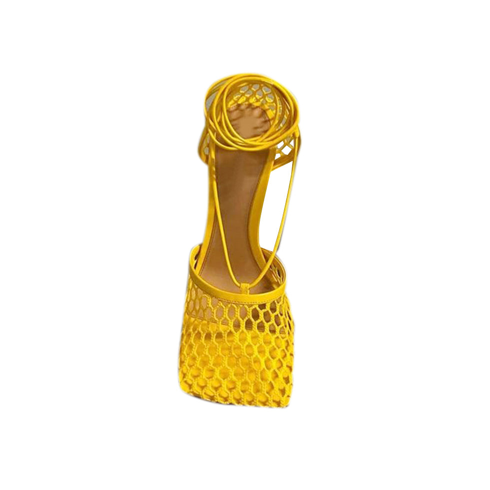 Yellow RAHOR Lace Up Fishnet High Heel Sandals | i The Label ...