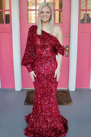 Asymmetrical Red Sequin Mermaid Long Prom Dress