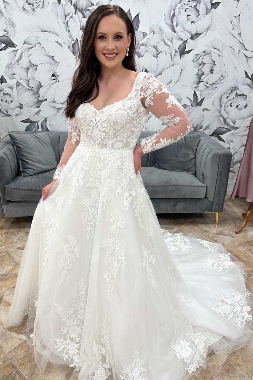 White Floral Lace Queen Anne Long Sleeve Wedding Dress – Modsele