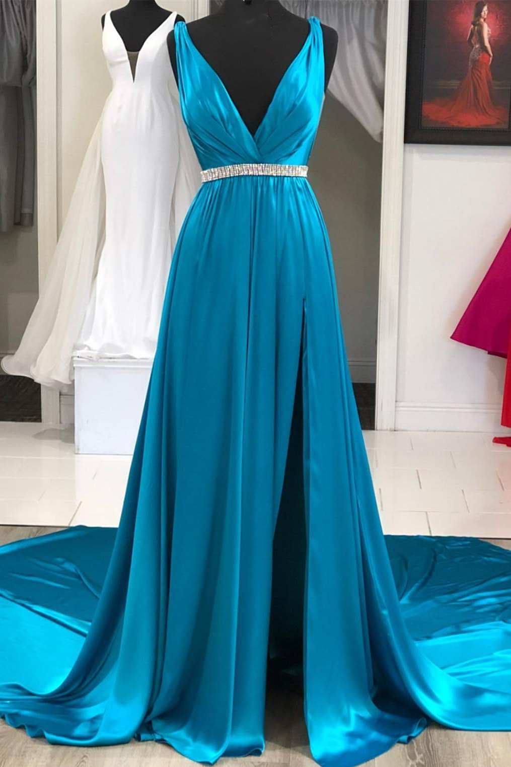 V Neck Backless Teal Lace Foral Long Prom Dresses, Open Back Teal Lace –  abcprom