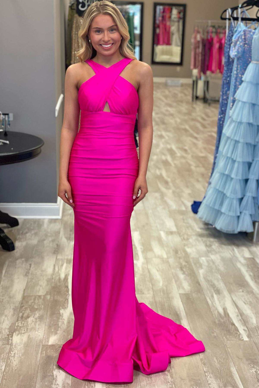 Hot Pink Cross-Front Mermaid Long Formal Dress – Modsele