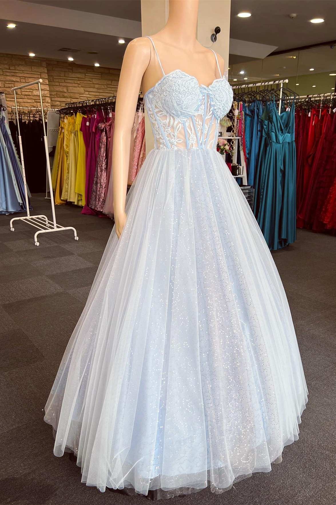 Light Blue Prom Dresses Tulle V Neck 3D Flowers – Lisposa