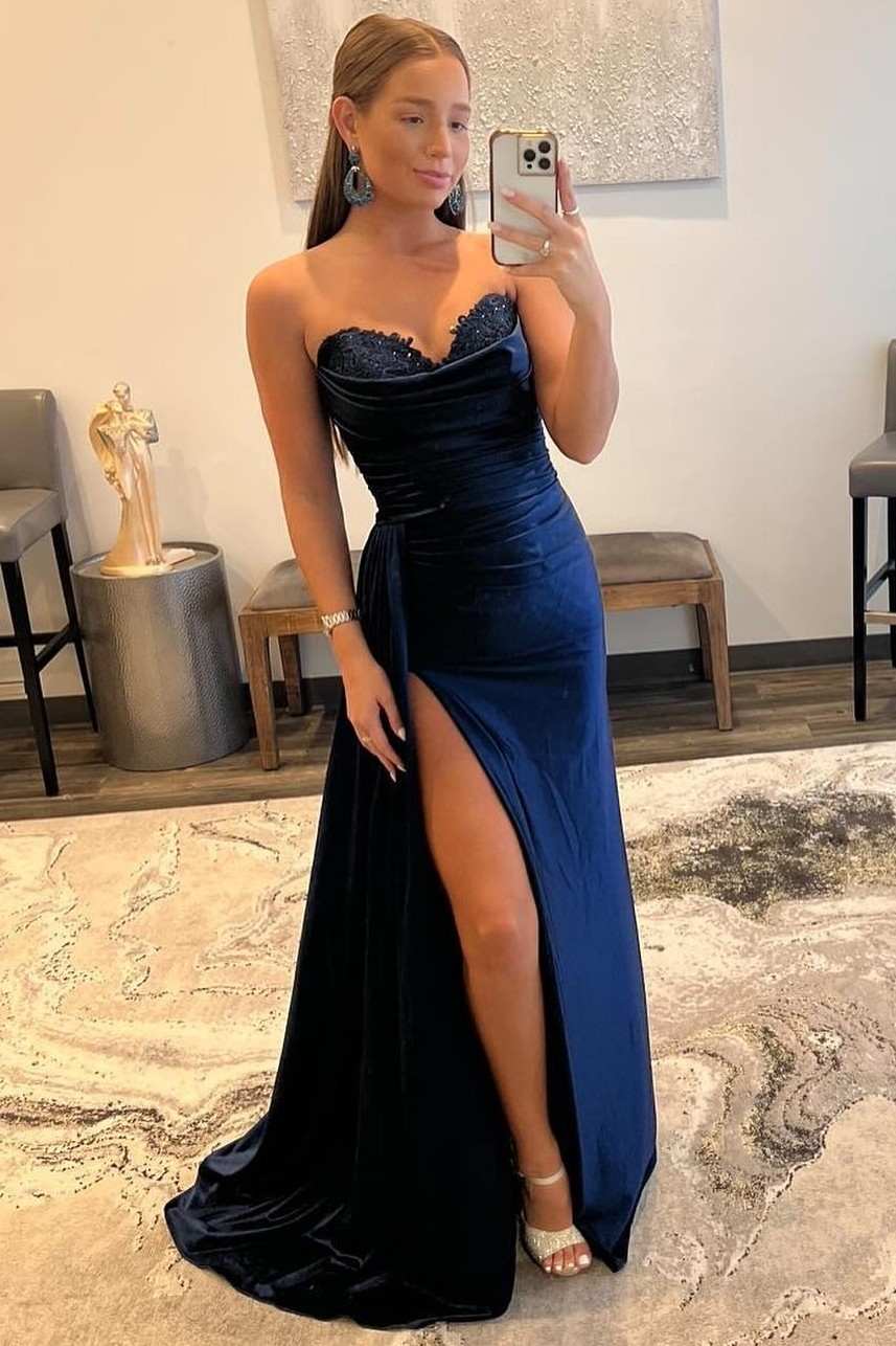 Navy Blue Sweetheart Long Prom Dress with Attached Train – Modsele