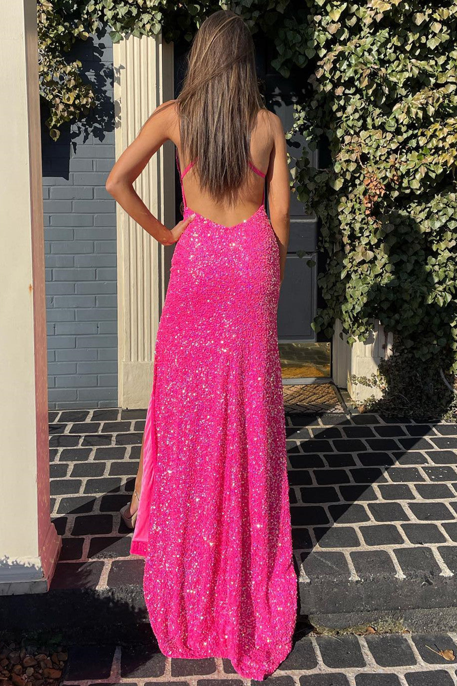 Glitter Straps Hot Pink Sequins Prom Evening Dress with Slit TP1048 –  Tirdress
