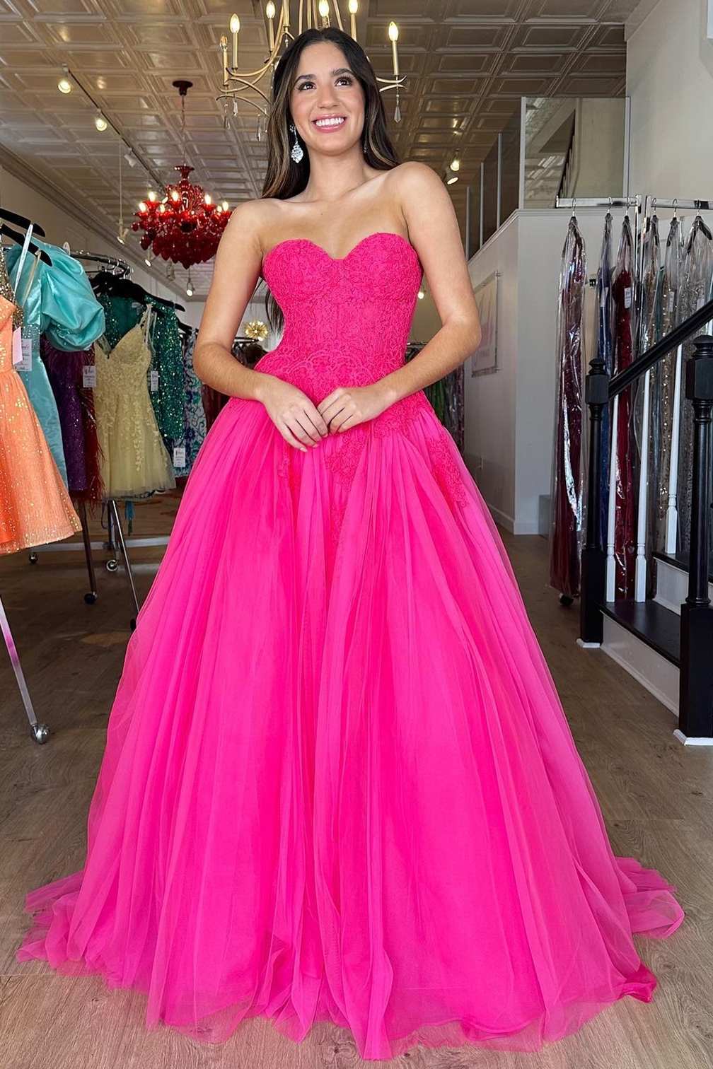 Hot Pink Rhinestones Strapless Keyhole Long Prom Dress with Balloon Sl –  Modsele