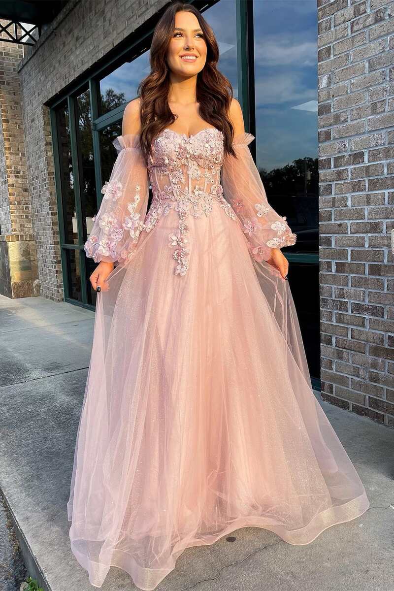 Two Piece Dusty Pink Long Prom Dress Puff Sleeve Formal Dresses