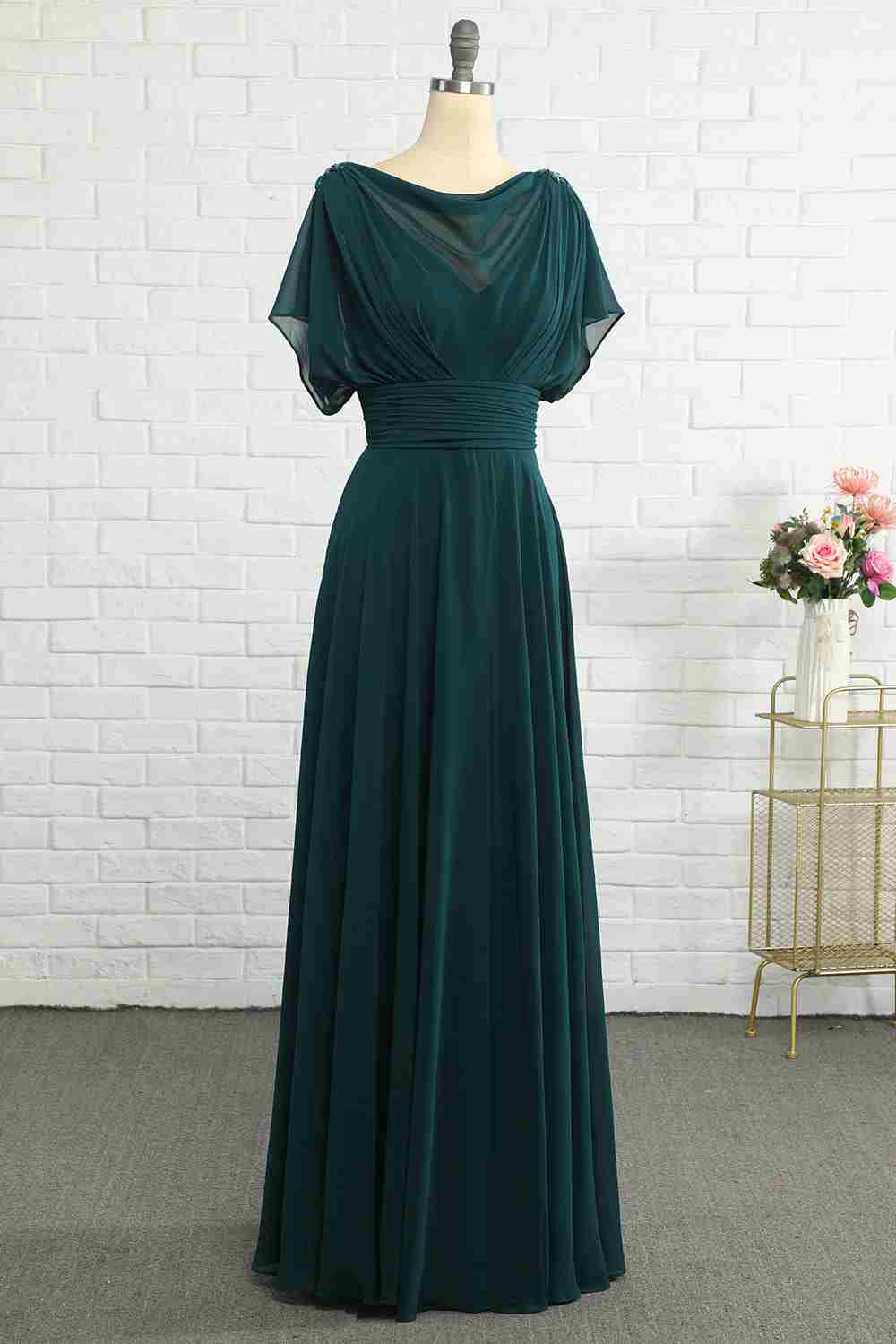 Hunter Green Chiffon Bateau Banded Waist Bridesmaid Dress – Modsele