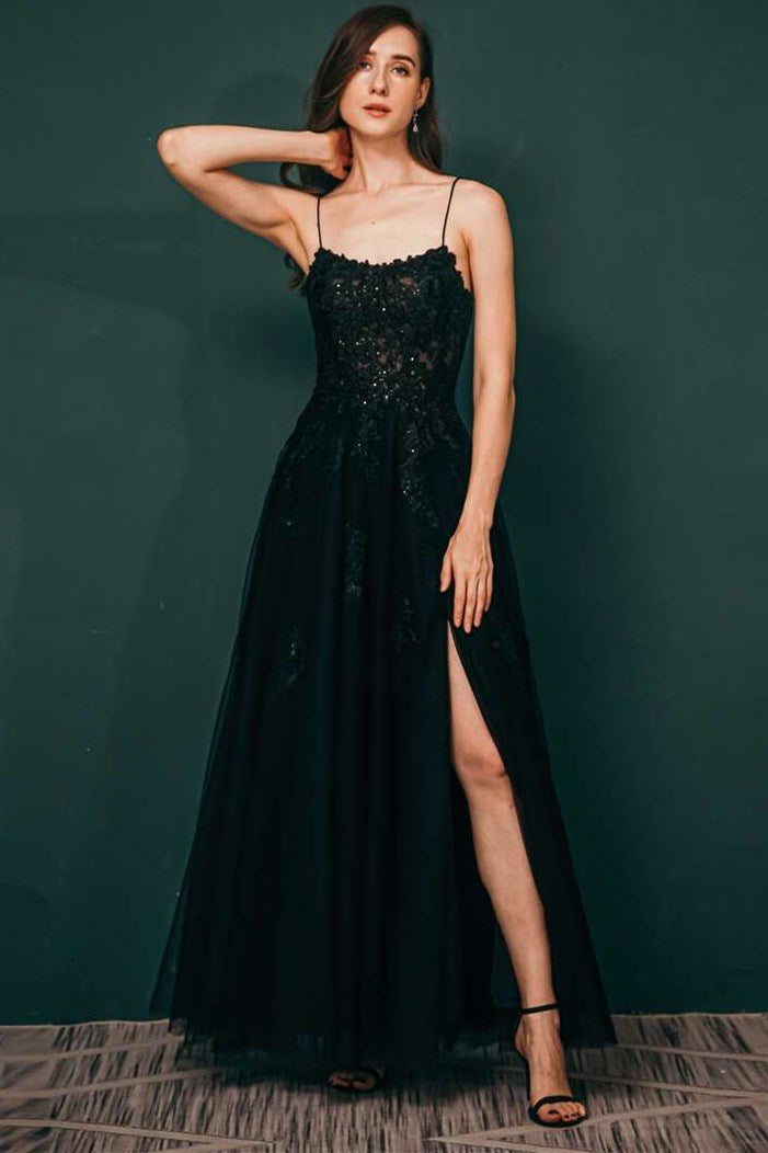Black Tulle Apliques Lace-Up Prom Dress – Modsele