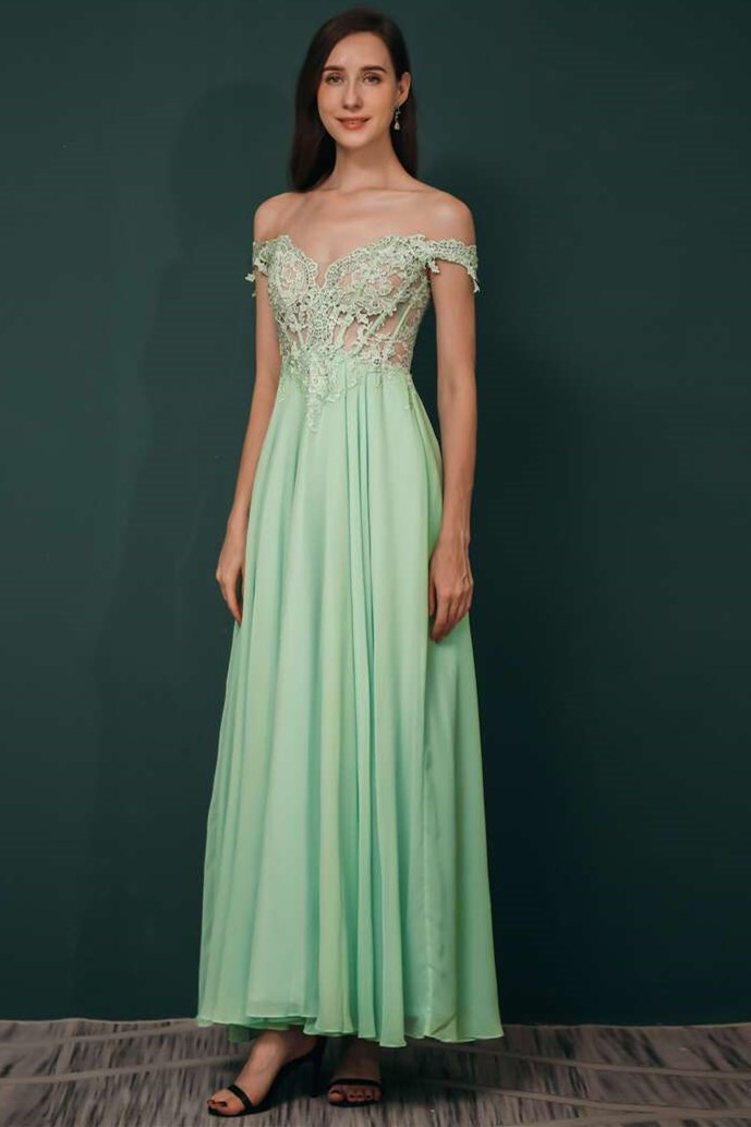 Mint Green Chiffon Lace Appliques Illusion Long Prom Dress With