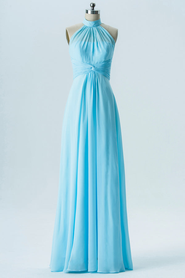 Light Blue High Collar Twist-Front Bridesmaid Dress – Modsele
