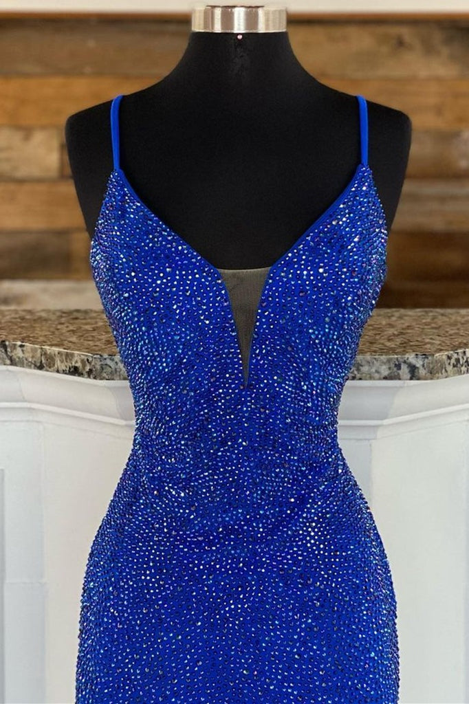 Royal Blue Beaded V Neck Mermaid Long Prom Dress Modsele 4897