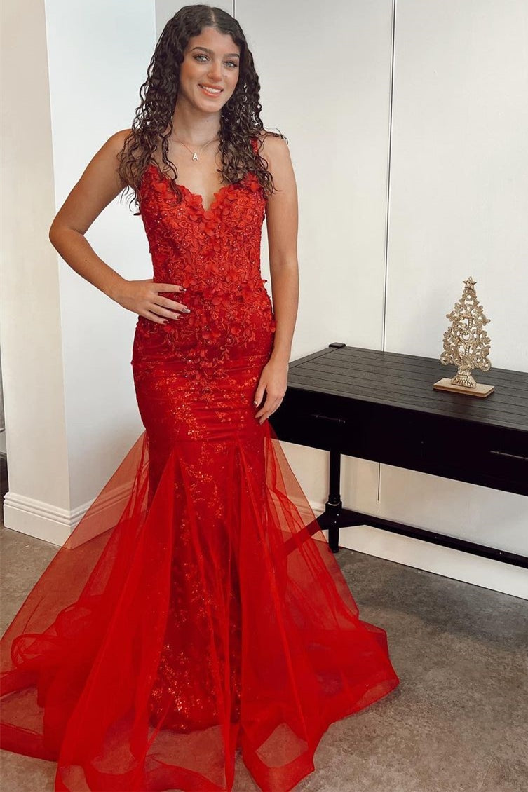 Red Appliqués V-Neck Lace-Up Trumpet Long Prom Dress – Modsele