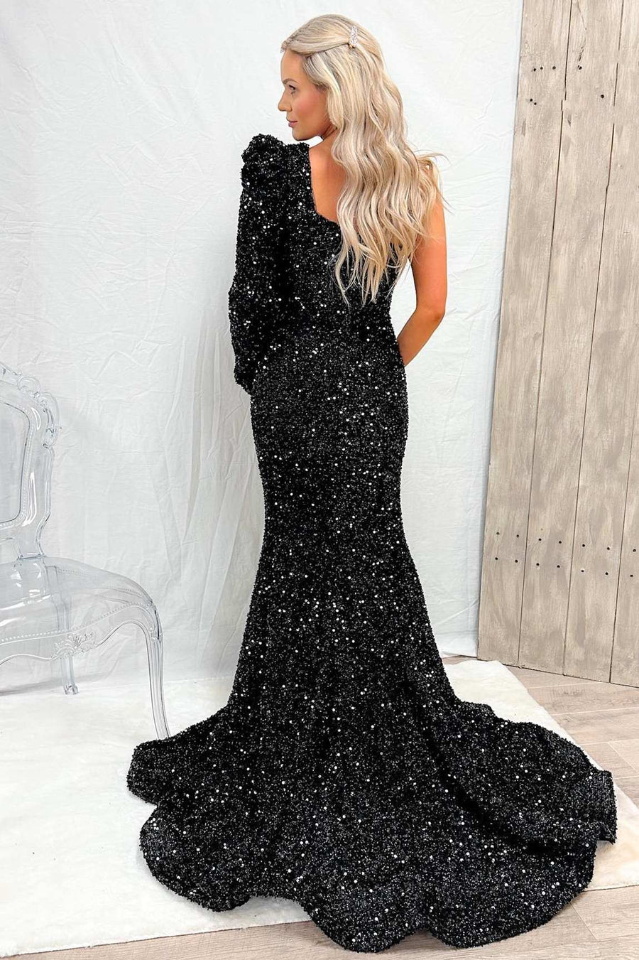 Black Sequin One Sleeve Mermaid Long Prom Dress With Slit Modsele 