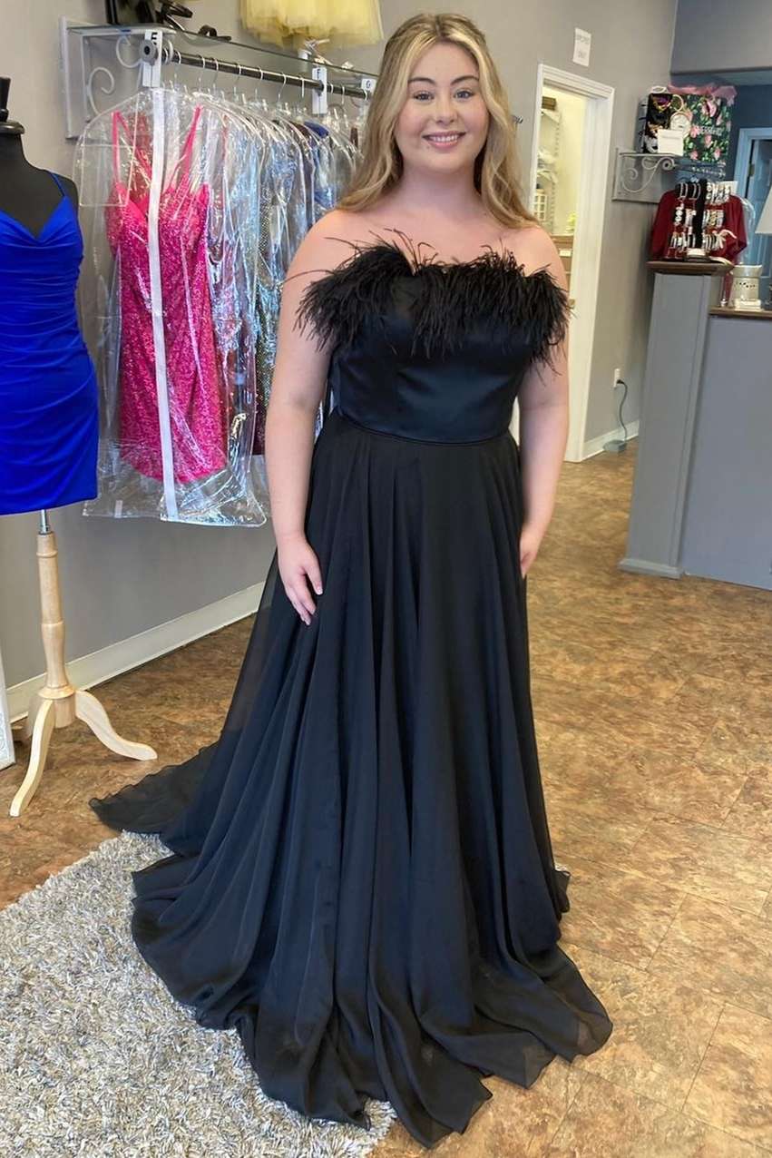 Black Applique Feather Off-the-Shoulder A-Line Long Prom Dress – Modsele