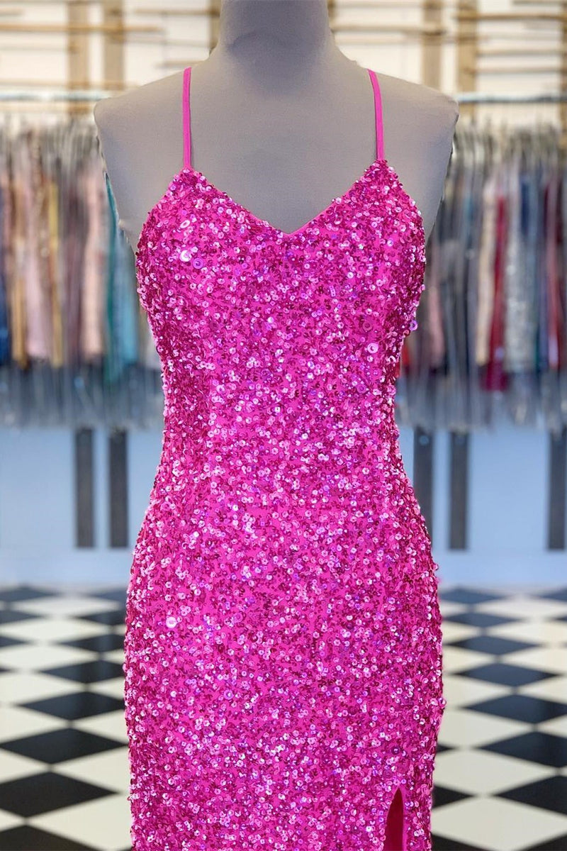 Neon Pink Spaghetti Strap Sequin Mermaid Long Formal Dress – Modsele