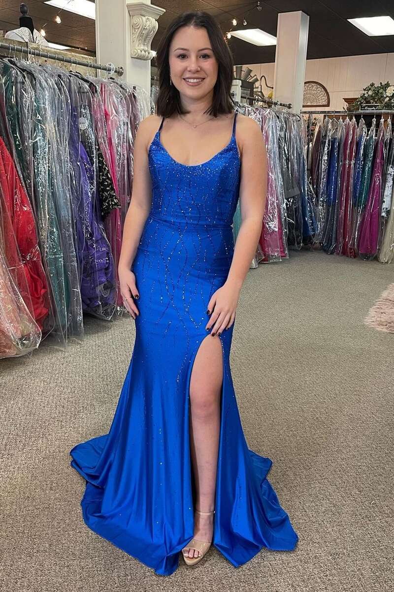 Royal Blue Feathers Beaded Strapless Trumpet Long Formal Gown