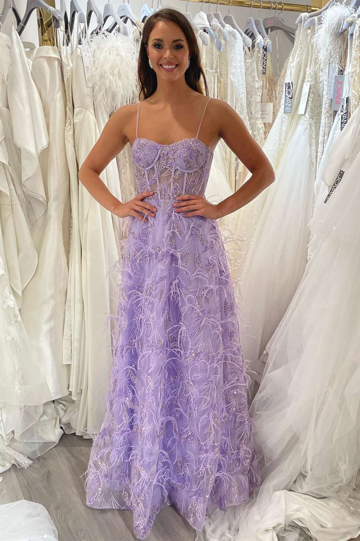 Lavender Floral Lace Plunge Neck A-Line Prom Dress – Modsele