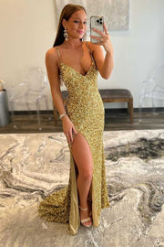 Gold Sequin V-Neck Mermaid Long Prom Dress with Slit