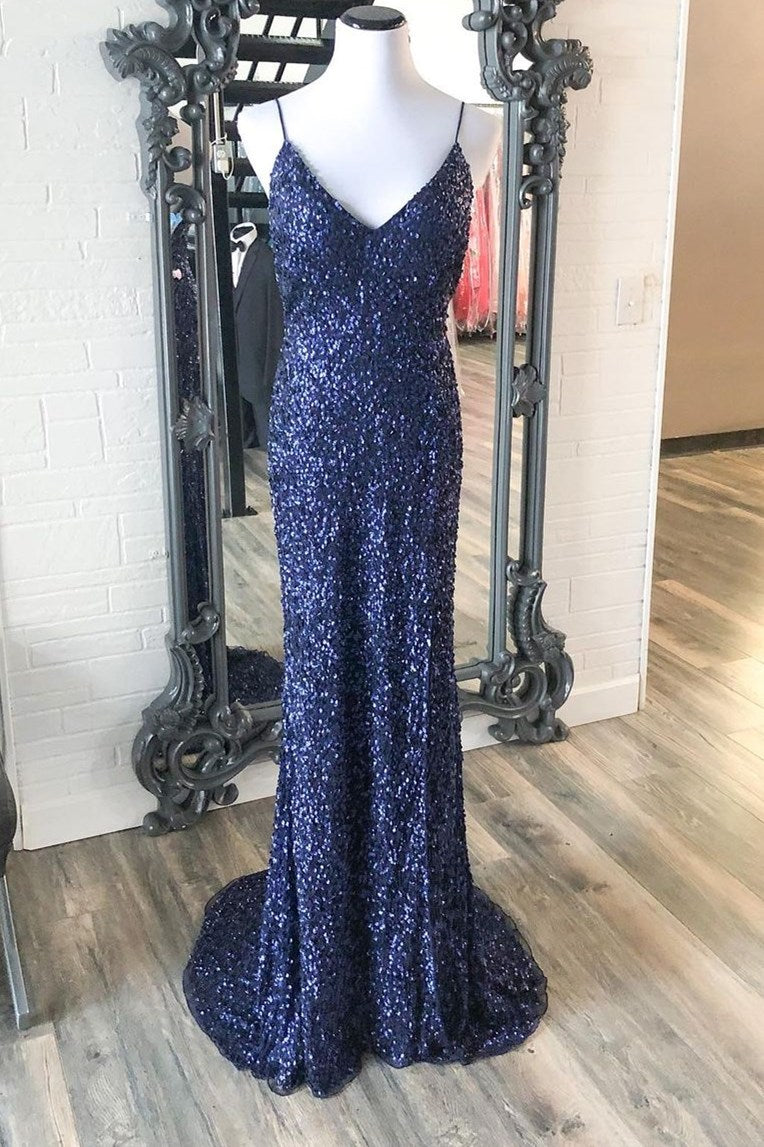 Navy Blue Sequin V-Neck Mermaid Long Prom Dress – Modsele