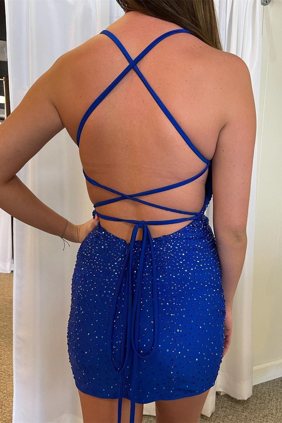 Royal Blue Velvet One-Shoulder Beaded Short Homecoming Dress