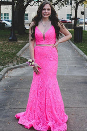 Two Piece Hot Pink Lace Mermaid Long Formal Dress – Modsele