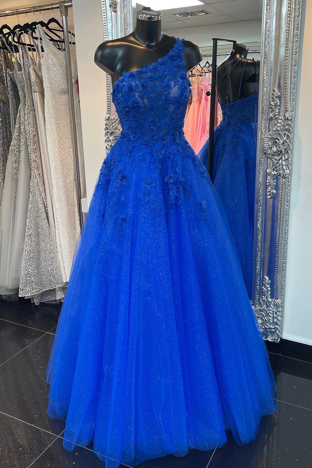 Royal Blue Tulle One-Shoulder 3D Floral Embroidered Prom Dress – Modsele