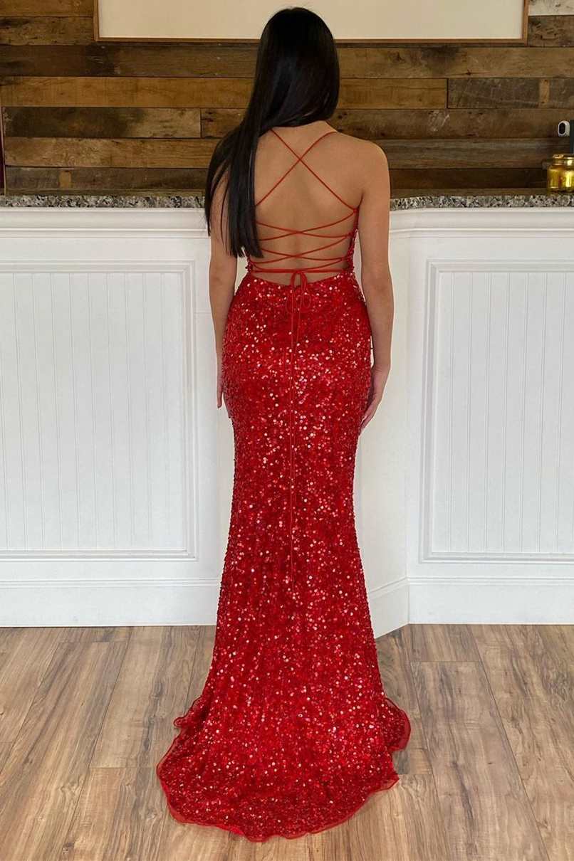 Red Sequin One Shoulder Sleeved Trumpet Prom Dress - Promfy