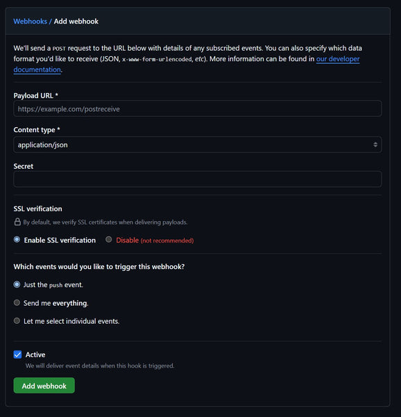 Example of GitHub's webhook configuration page with fields for Payload URL and event selection.