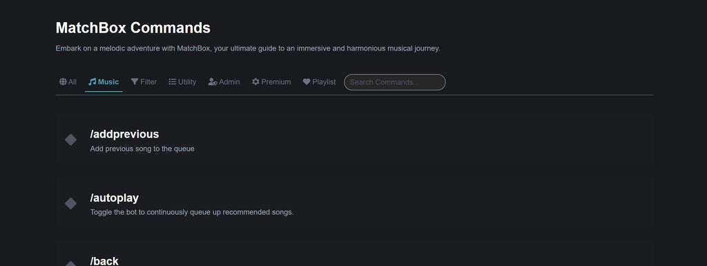 MatchBox Discord bot commands list