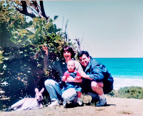 Steffens Family by the beach with a kangaroo in the 1990s