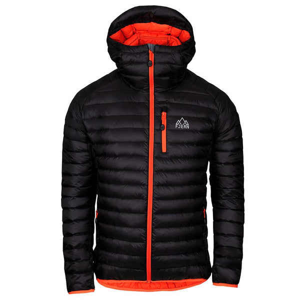 Mens Aktiv Down Hooded Jacket (Black/Orange) | Fjern – Unbound