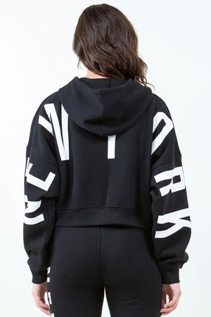 American Bazi Letter Graphic Long Sleeve Drawstring Cropped Hoodie - Fashionistas Showroom