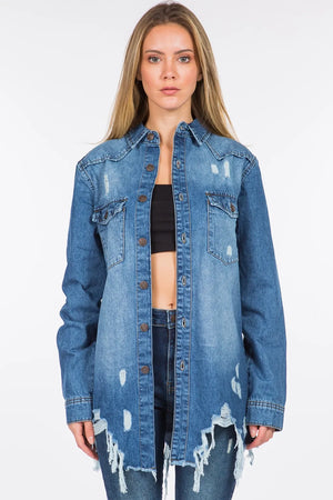 American Bazi Distressed Frayed Hem Denim Jacket - Fashionistas Showroom