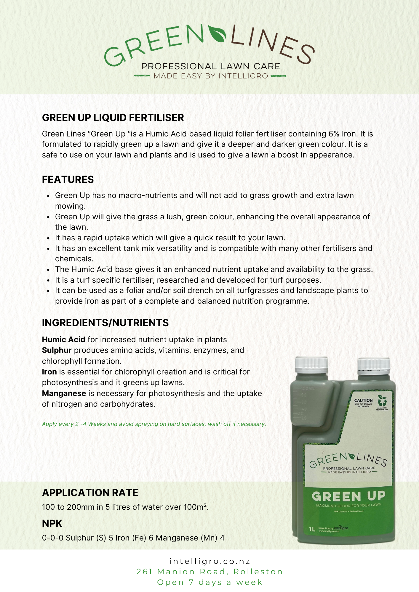 Green Up is a Humic Acid based liquid foliar lawn fertiliser containing 6% Iron