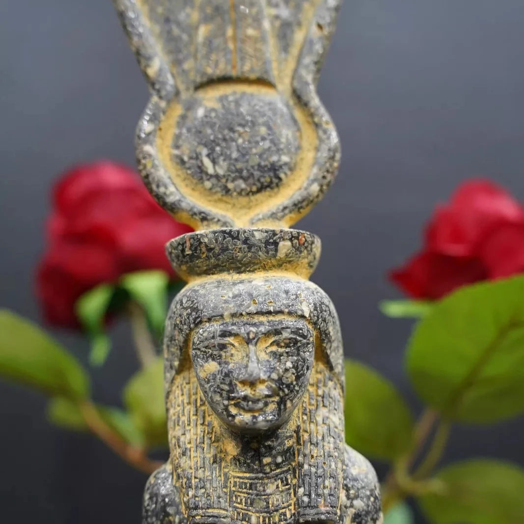 Handcrafted Egyptian Hathor Goddess with Sun Disc Statue