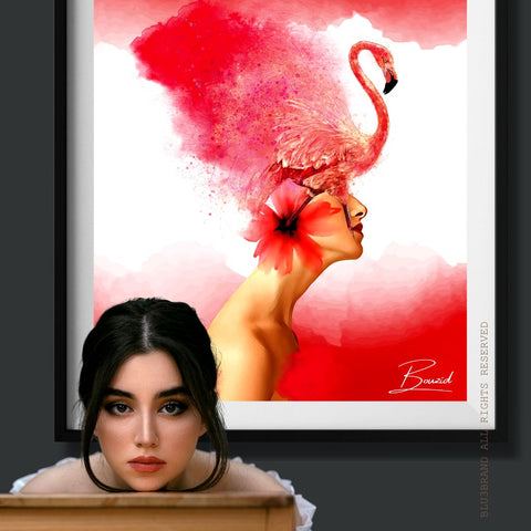 Transform your plain walls into a stunning display of art with the lady and her red flamingo bird abstract artwork. This beautiful piece is a perfect addition to any room, adding a touch of elegance and sophistication to your decor. Don't settle for boring walls - elevate your space with this captivating artwork today!