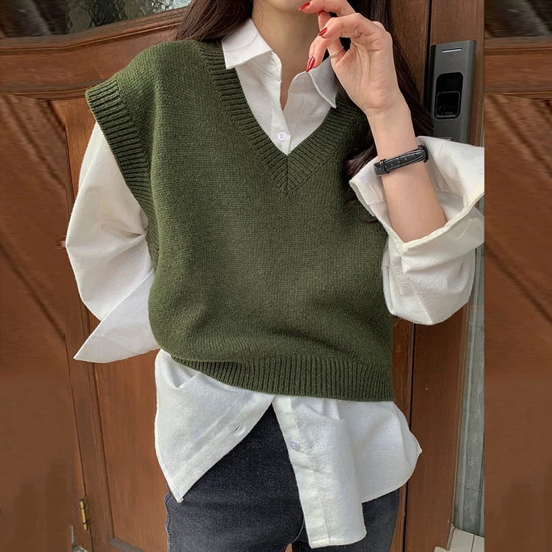 Korean Women Knitted Vest Sleeveless Retro VNeck Sweater Vests  Shopee  Philippines